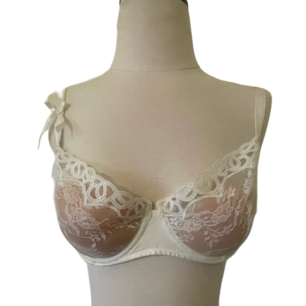 Simone Perele Vintage Ivory Sheer Lace Underwire Bra Bow Detail Romantic 36D